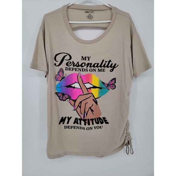 ON FIRE Size 2X Womens Top Graphic Tee Shirt Distressed Rouched - Picture 2 of 4